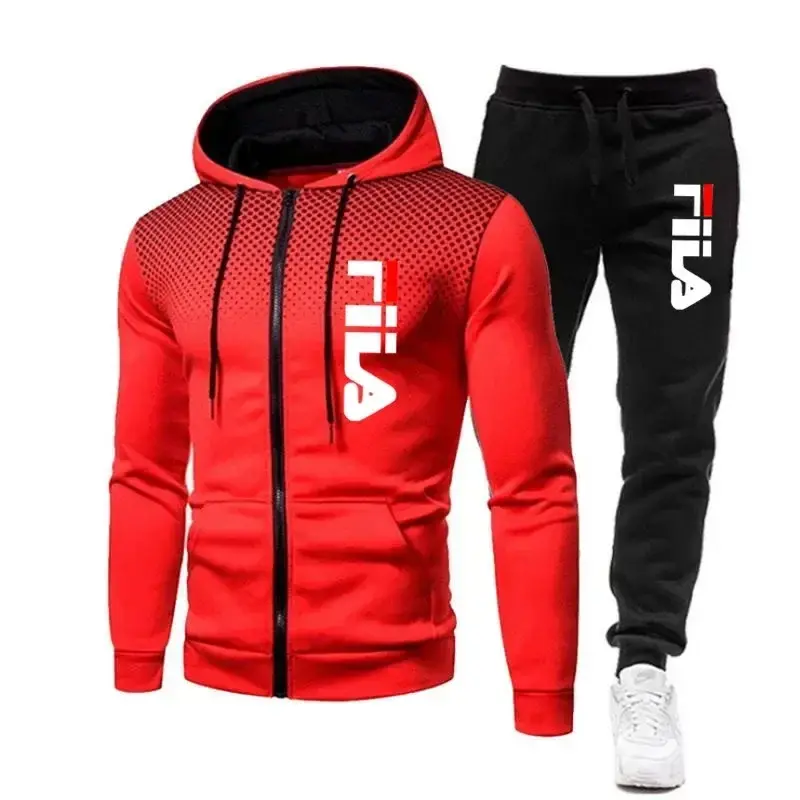 Thumbnail: New men's casual jogging fitness sportswear set with zipper hooded jacket and pa