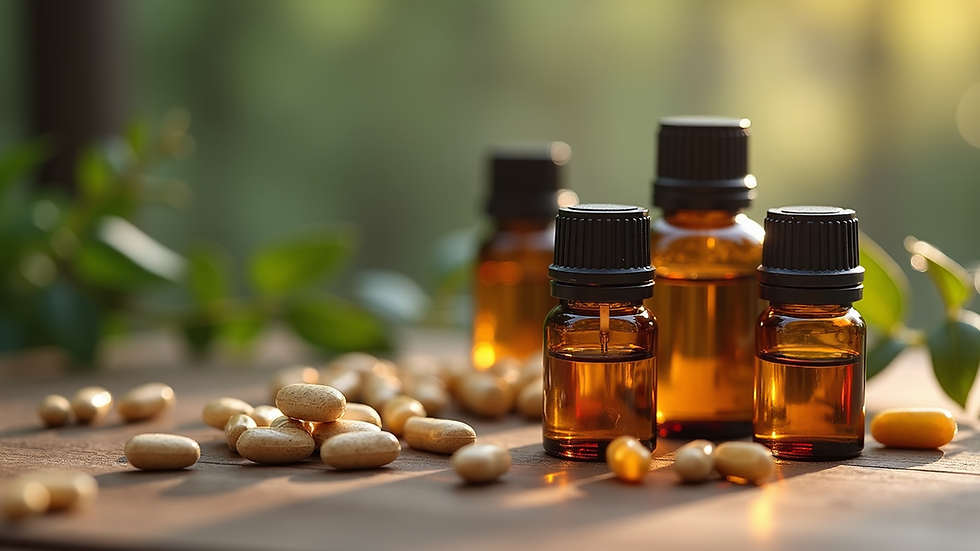 Close-up of herbal supplements and essential oils on a wooden table