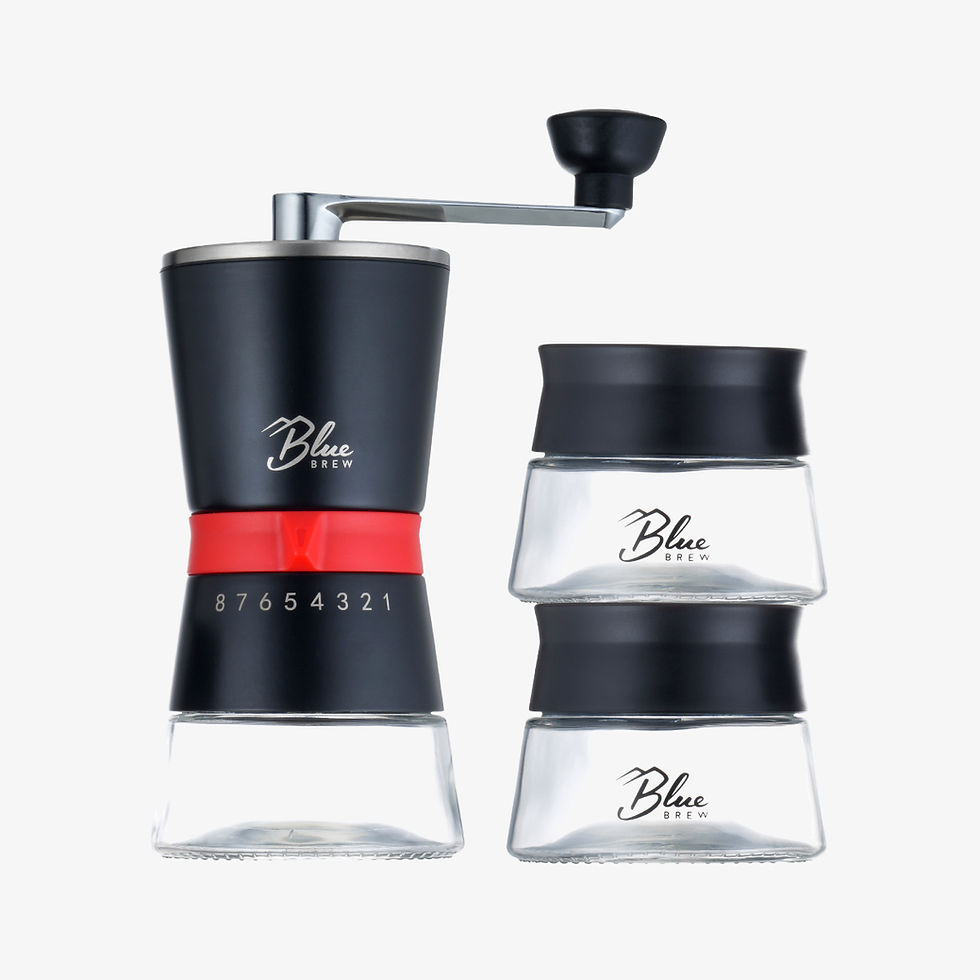 Blue Brew-Pro manual coffee grinder with two glass canisters.