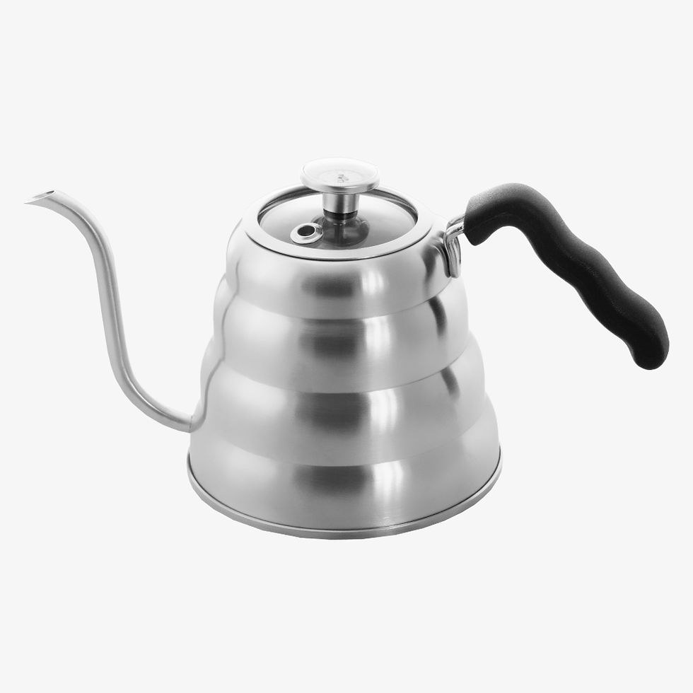 Blue Brew gooseneck kettle with thermometer and glass lid