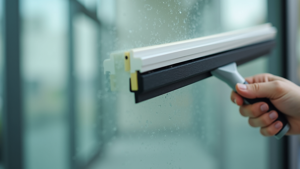 Close-up view of a squeegee smoothing window film on a glass pane