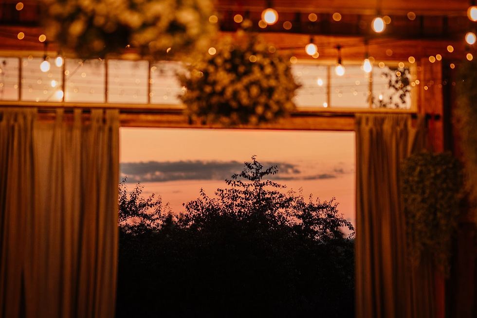 Warm evening glow with silhouetted trees seen through a window. Soft golden light bulbs hang above, creating a cozy atmosphere.