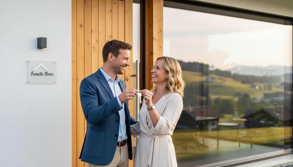 Ein Paar steht vor der Haustüre eines Einfamilienhauses, gemeinsam halten sie die Schlüssel in der Hand.