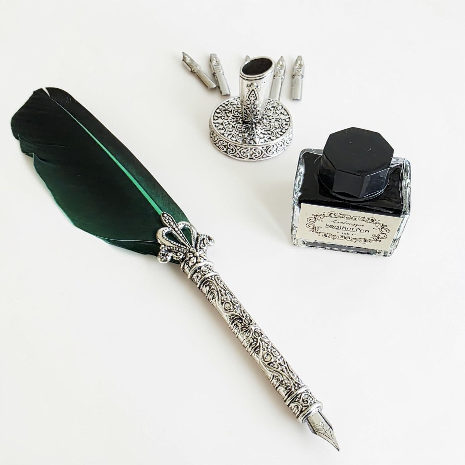 Emerald Green Rustic Calligraphy Gift Set: Shabby Chic Stainless Steel Nib