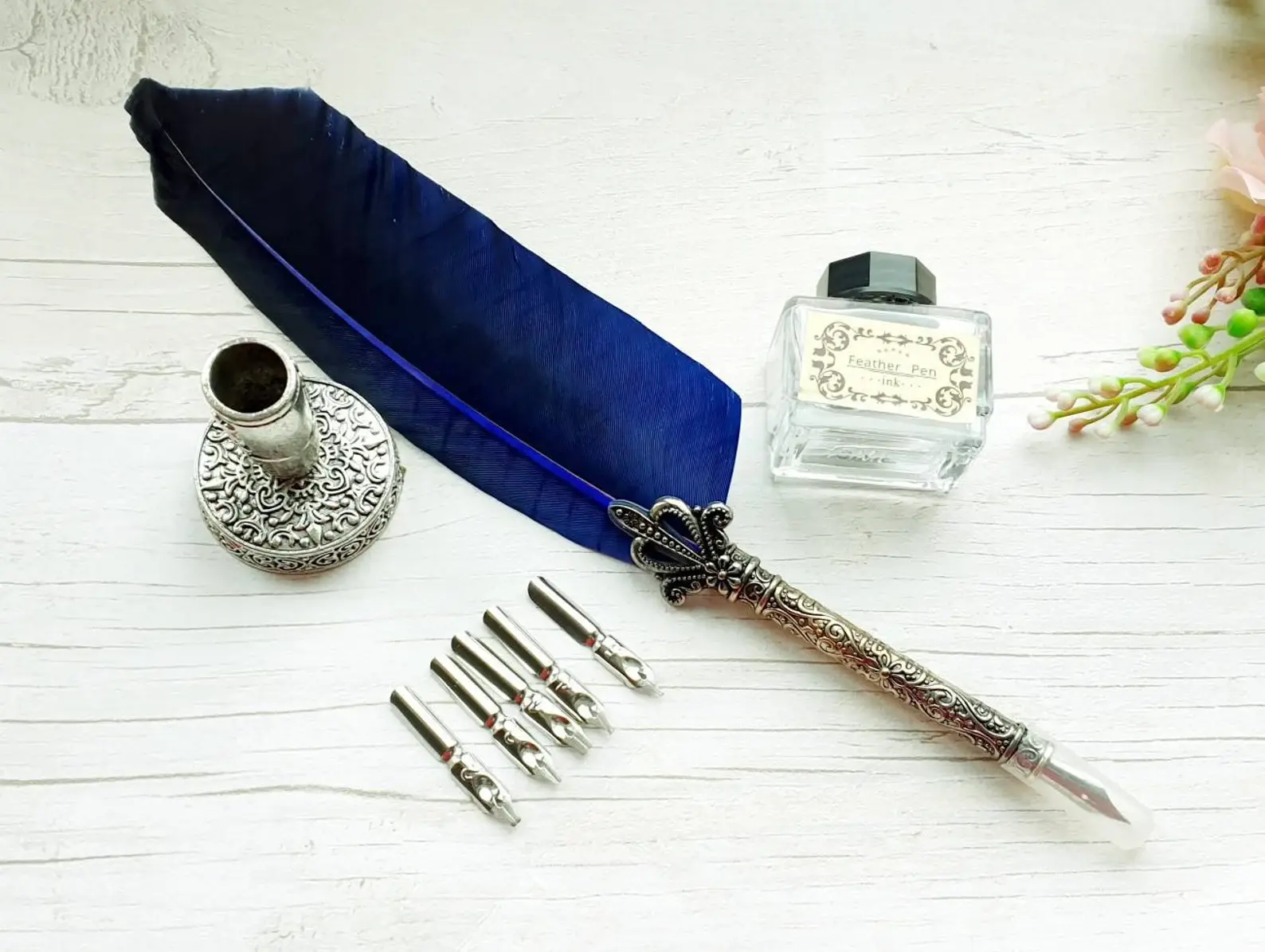 Blue Rustic Calligraphy Gift Set: Shabby Chic Stainless Steel Nib