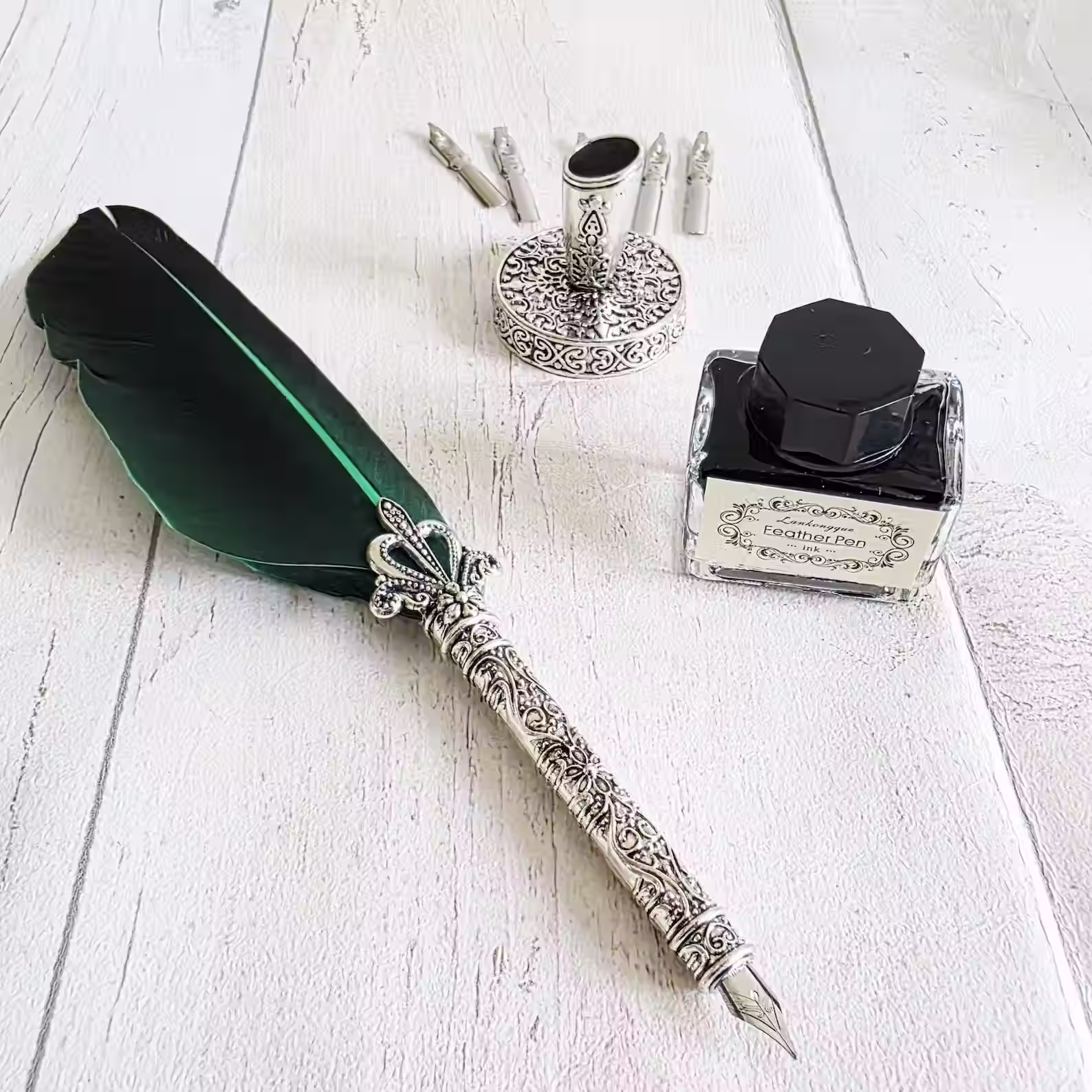 Emerald Green Rustic Calligraphy Gift Set: Shabby Chic Stainless Steel Nib