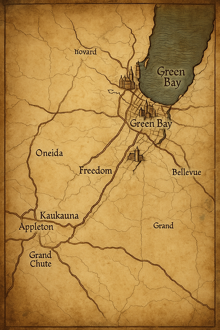 Medieval-style map of Garbage Knightsā junk removal service area around Green Bay, De Pere, Ashwaubenon, and surrounding areas.