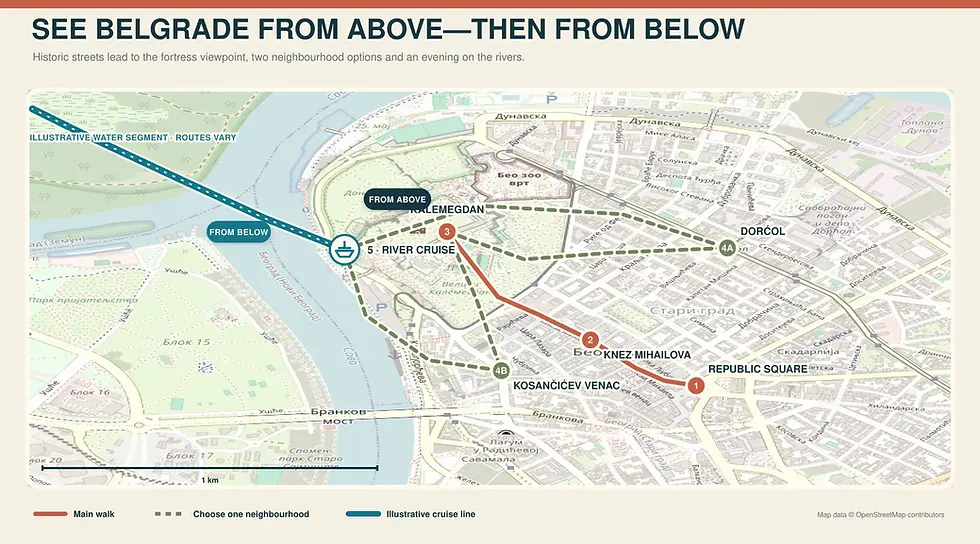Day-one Belgrade route from Republic Square and Kalemegdan to an evening cruise on the Sava and Danube