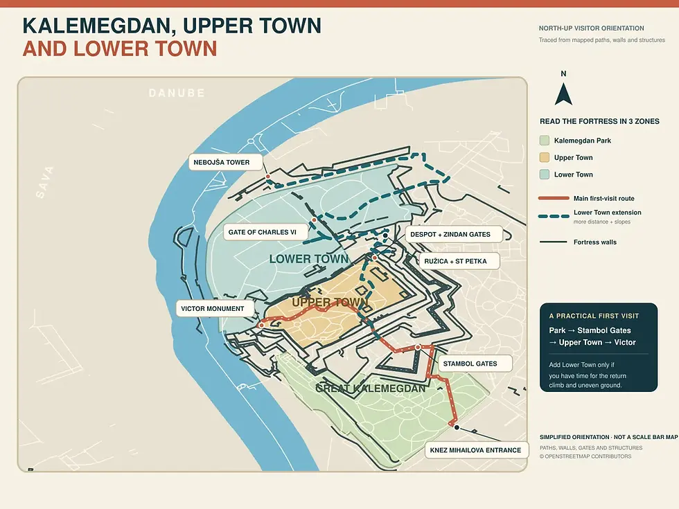 Orientation map of Kalemegdan Park and Belgrade Fortress showing the Upper Town, Lower Town, main gates and visitor route