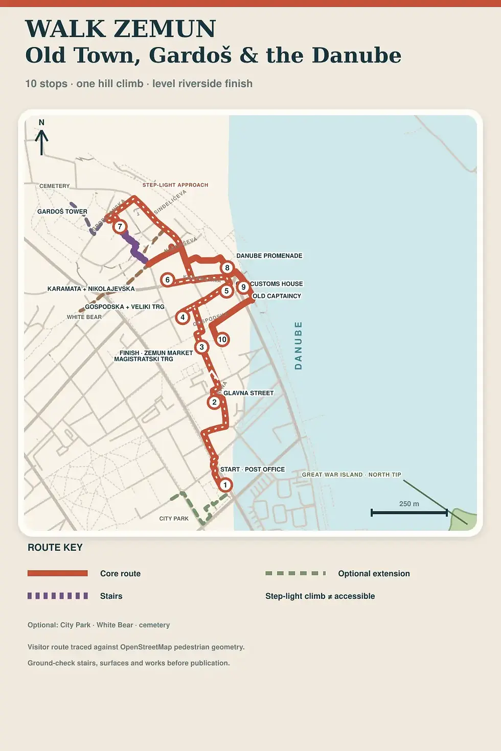Map of a self-guided Zemun route from Glavna Street through the old centre and Gardoš to the Danube promenade