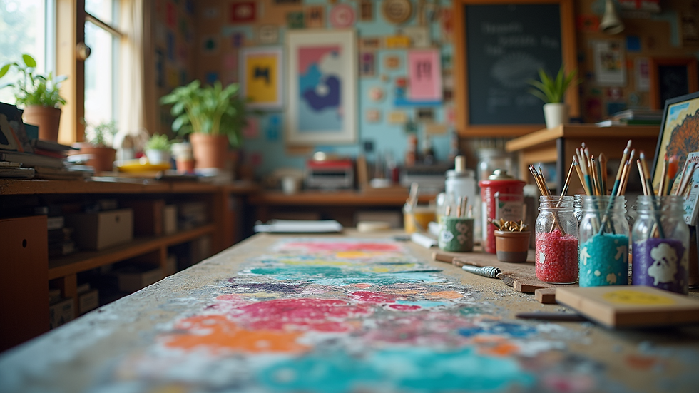 Eye-level view of Malik's art studio filled with colorful supplies