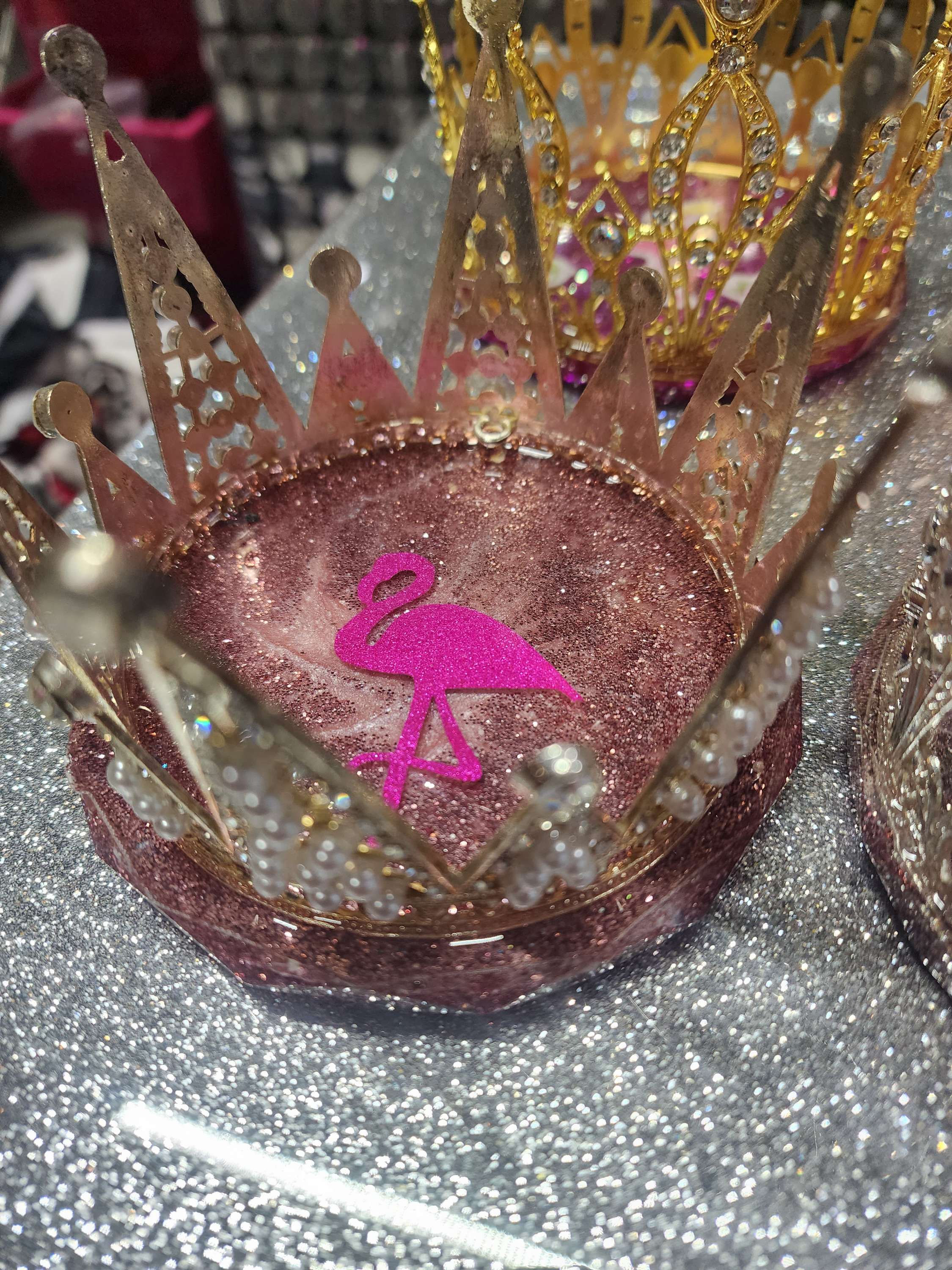 Rose gold glitter rhinestone crown coaster with flamingo 