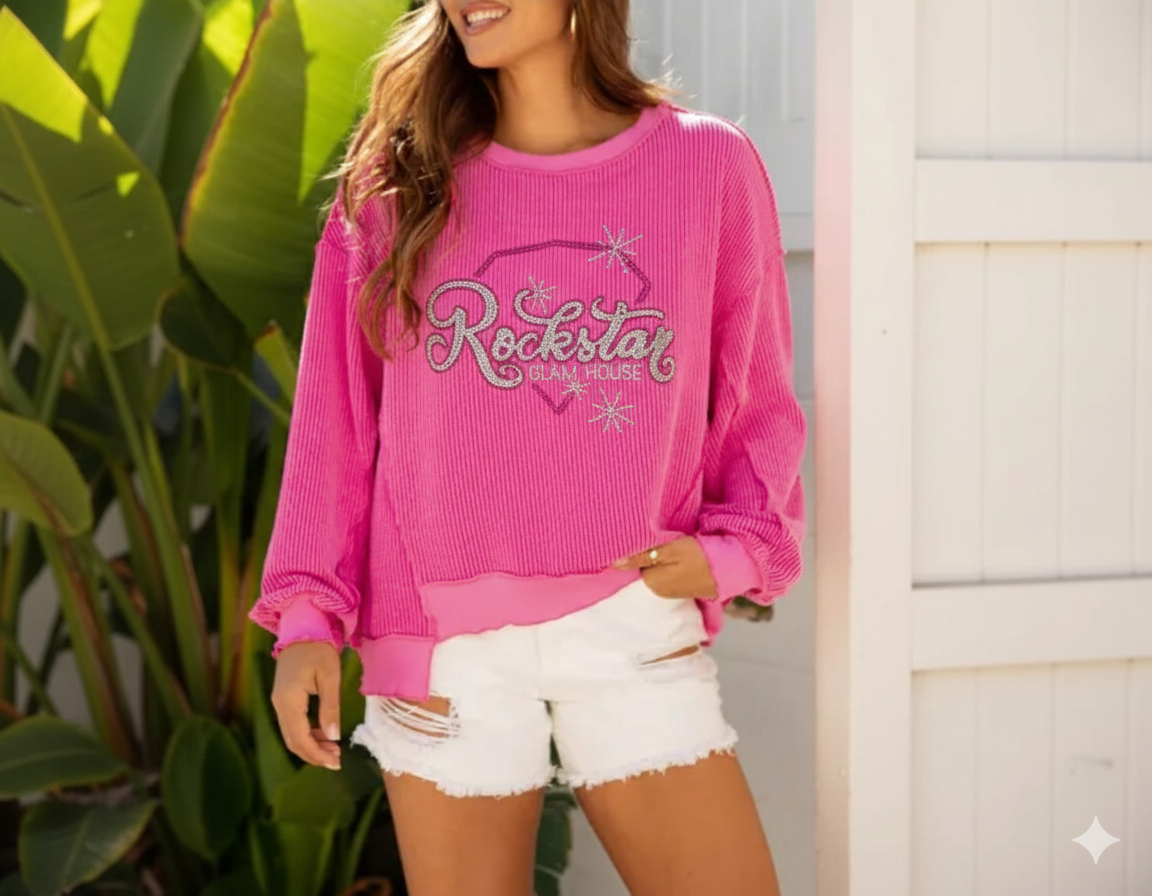 Rockstar Glam House Rhinestone Pink long sleeve shirt