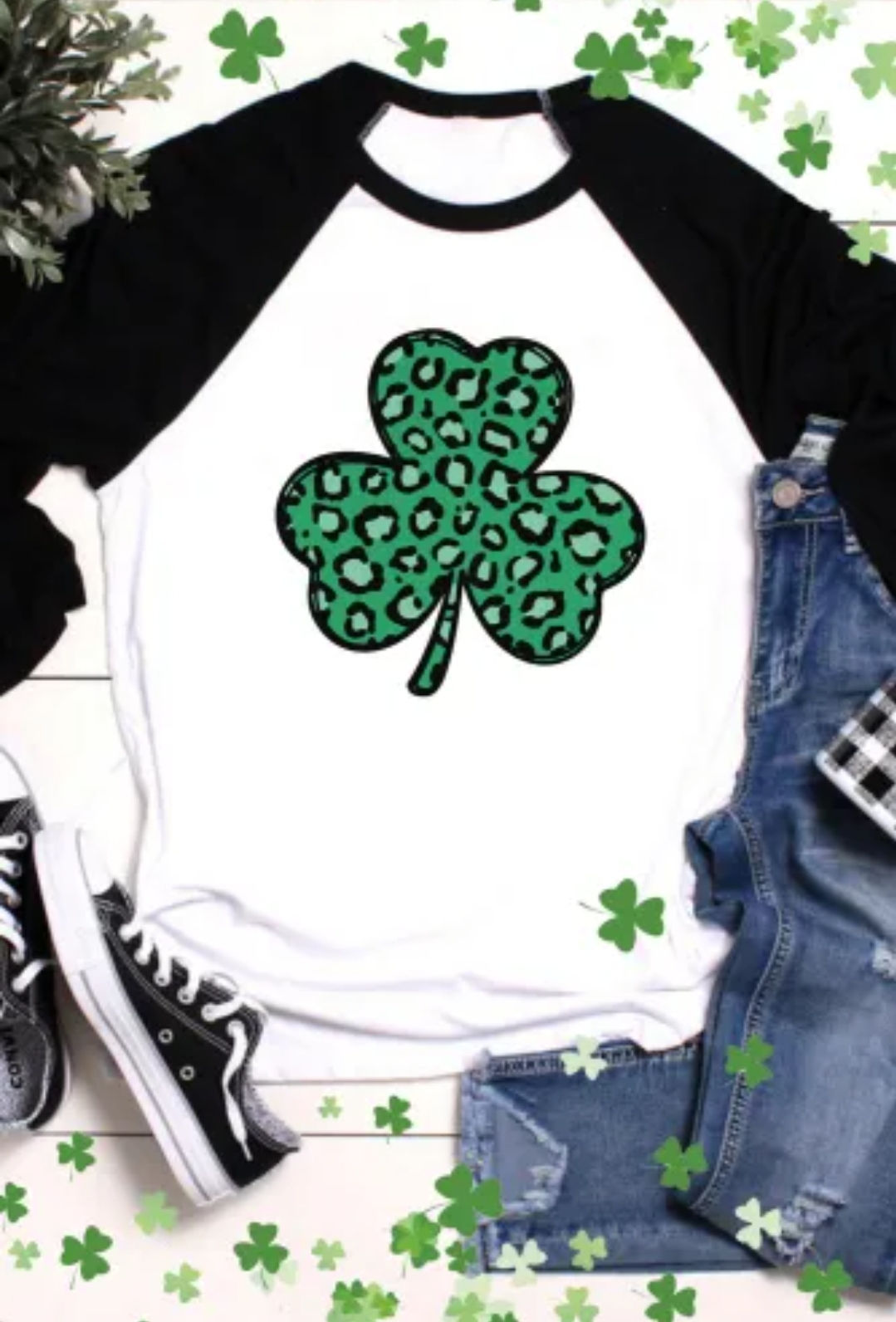 Black Leopard Spotted Clover St Patrick Graphic Long Sleeve Tee