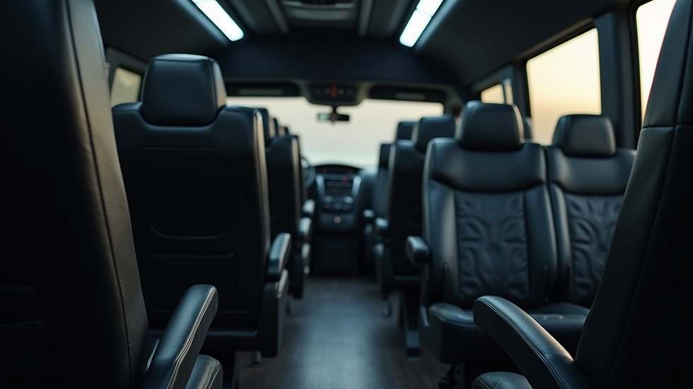 Close-up view of a luxury black shuttle van interior with leather seats