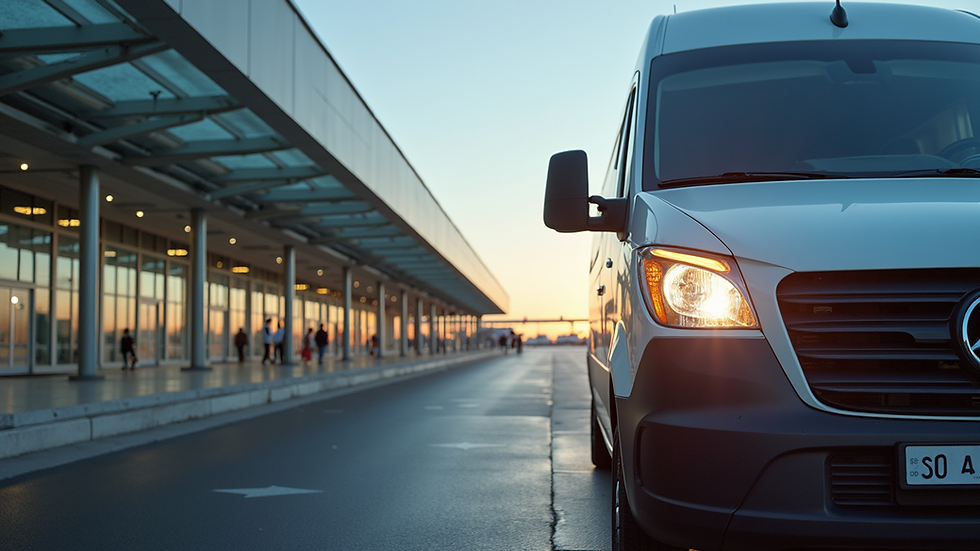 Eye-level view of a shuttle van parked outside an airport terminal