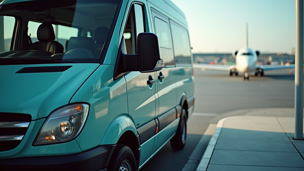 Close-up view of a shuttle van parked at a busy airport curbside