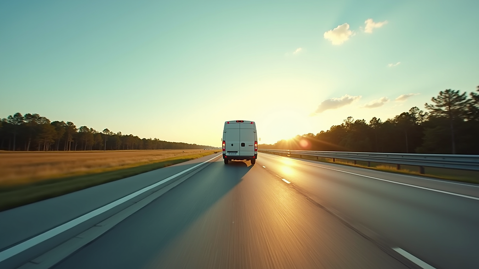 Wide angle view of a shuttle van driving on a highway near Palm Coast