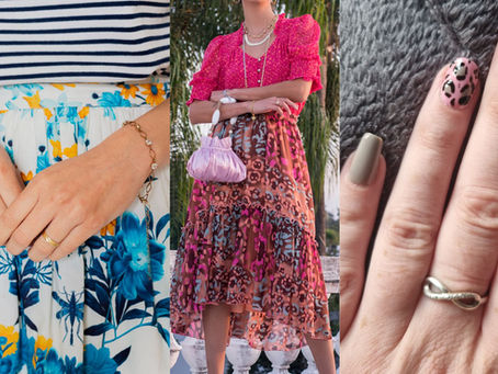 Três exemplos de mix de estampas: listras horizontais com floral colorido, animal print em duas variações na mesma peça, e vestido com duas estampas diferentes em cores coordenadas.