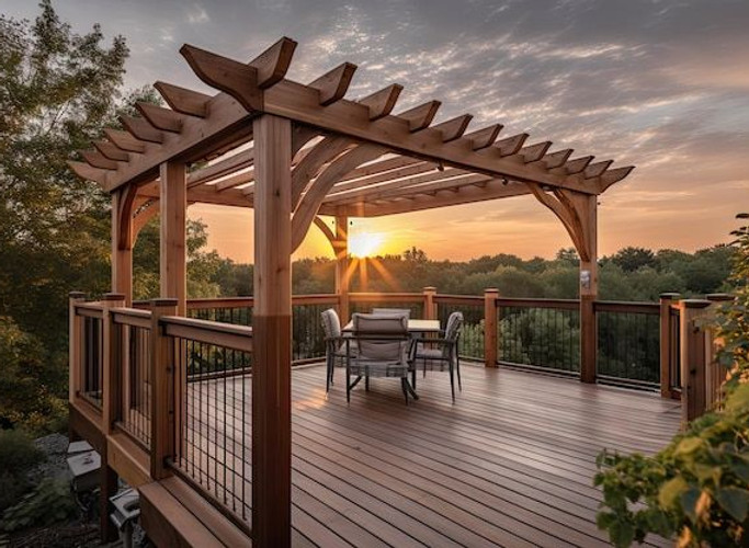 Deck com pergolado e mirante com vista para o pôr do sol _ imagem Premium gerada com IA.jp