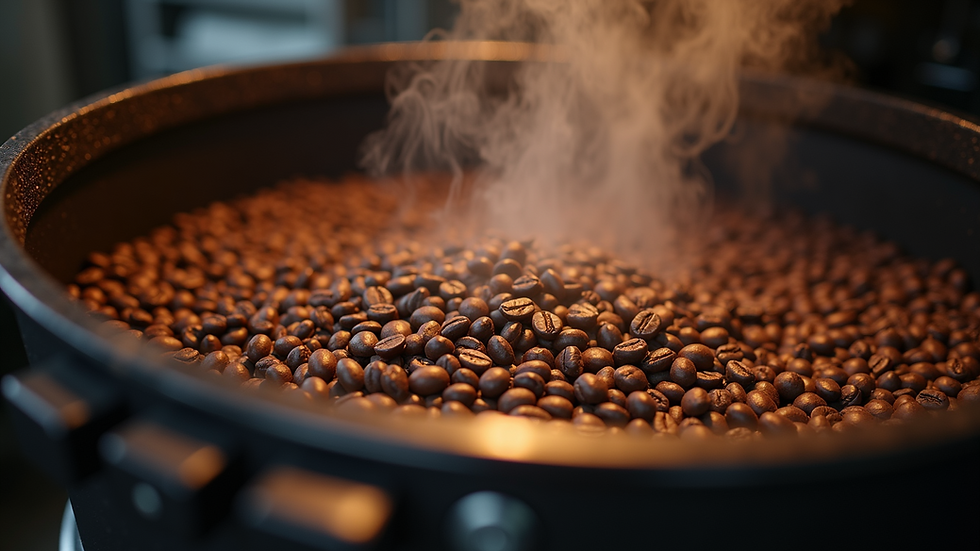 Close-up view of coffee beans roasting in a drum roaster