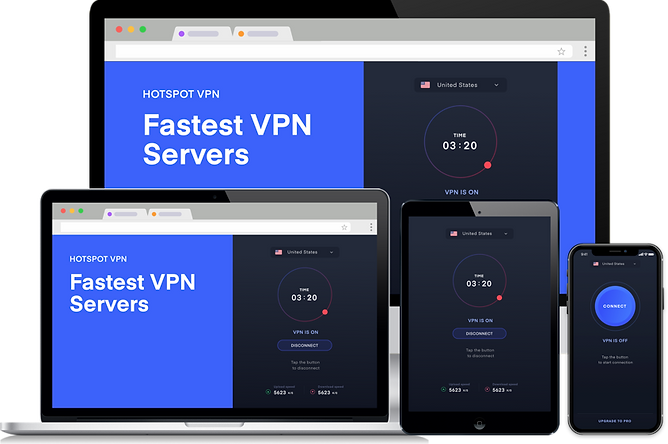 Multiple devices displaying Hotspot VPN's interface showcasing fast connection speeds and secure VPN service.