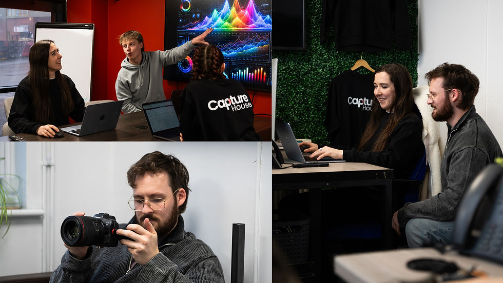 Team in a modern office collaborates at laptops and camera, with colorful data charts and Capture House shirts.