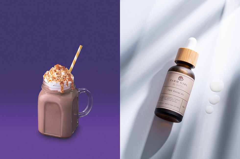 Wide angle view of a minimal product display on a solid color backdrop