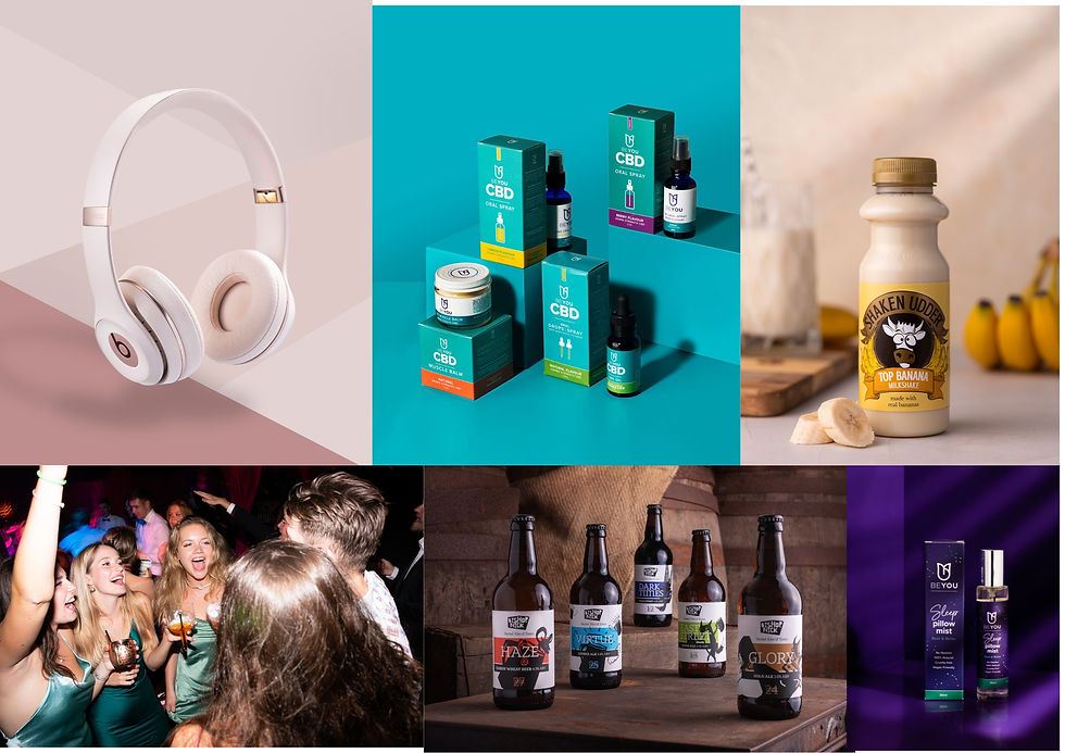 White headphones, colorful CBD products, banana milkshake, night party with dancing people, craft beer bottles, and sleep mist against vivid backgrounds.