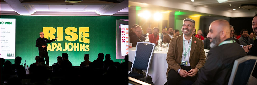 Speaker presents on stage with "RISE 2025 Papa Johns" backdrop. Audience watches, smiling, in a well-lit conference room.