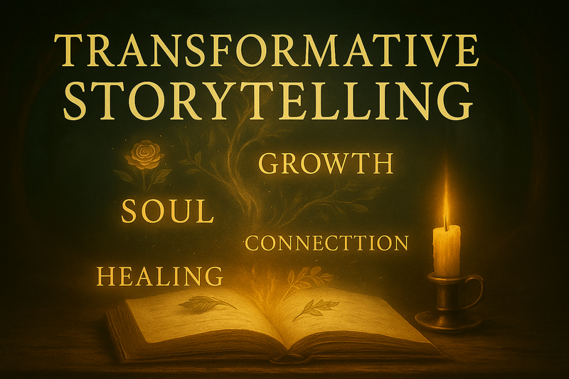 An open book next to a candle with the words: Growth, Soul, Healing and Connection magically lifting from the page