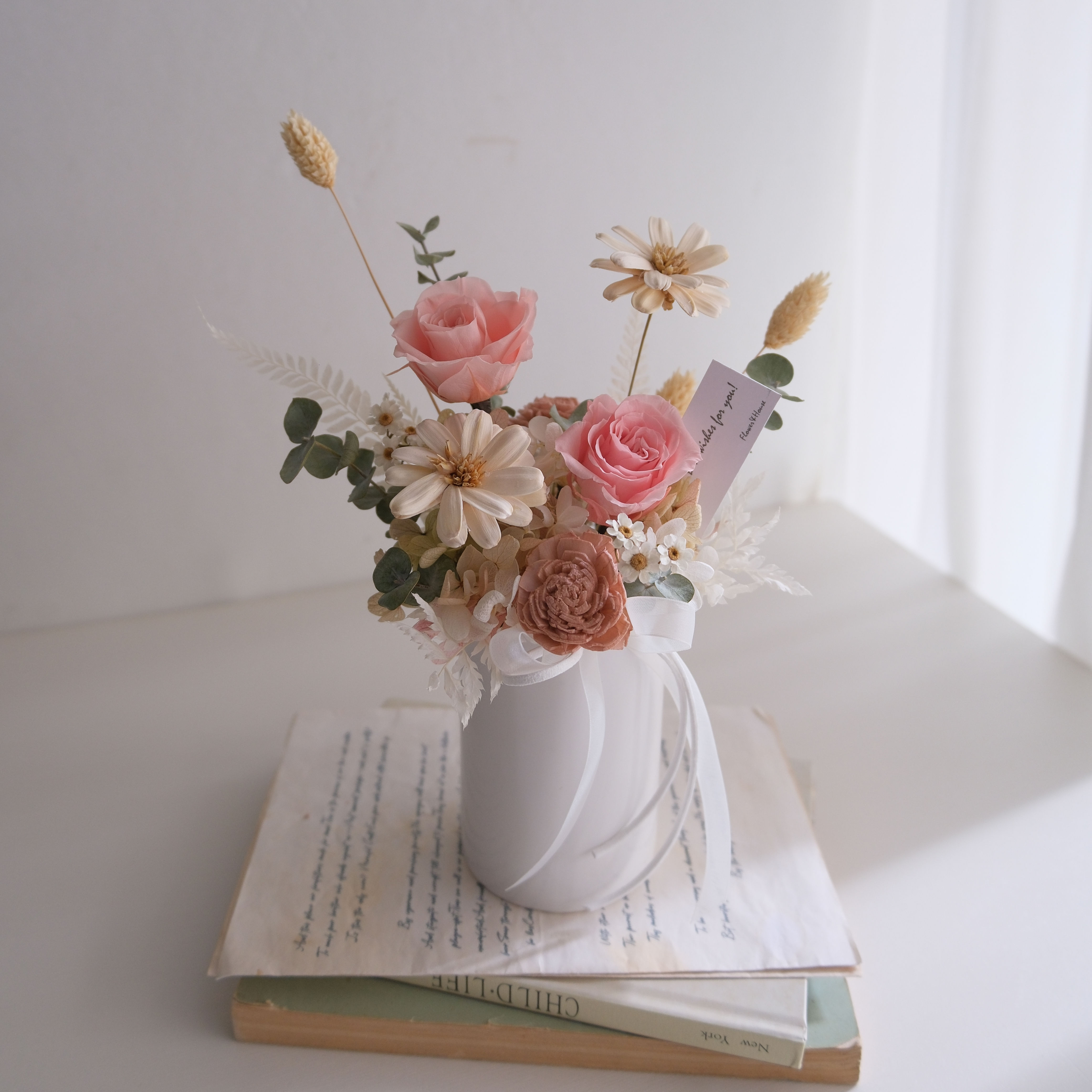 戀愛粉玫瑰乾燥永生盆花