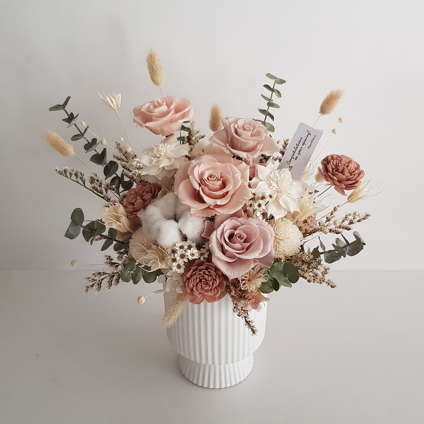 4朵永生玫瑰+乾燥花|奶茶粉色系永生盆花