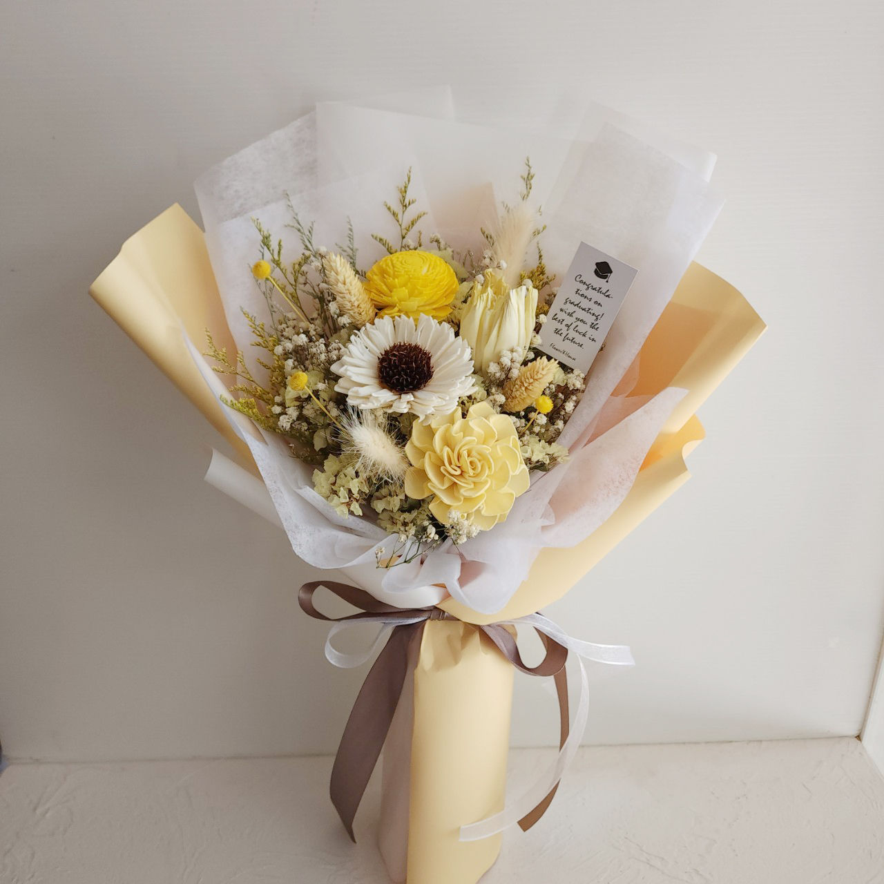 蓪草鬱金香+向日葵乾燥花束_黃