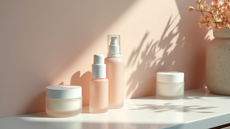 Close-up view of skincare products arranged neatly on a countertop