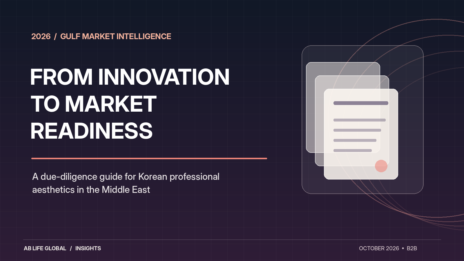 Original AB LIFE GLOBAL editorial illustration of a professional documentation dossier and Gulf market-readiness theme