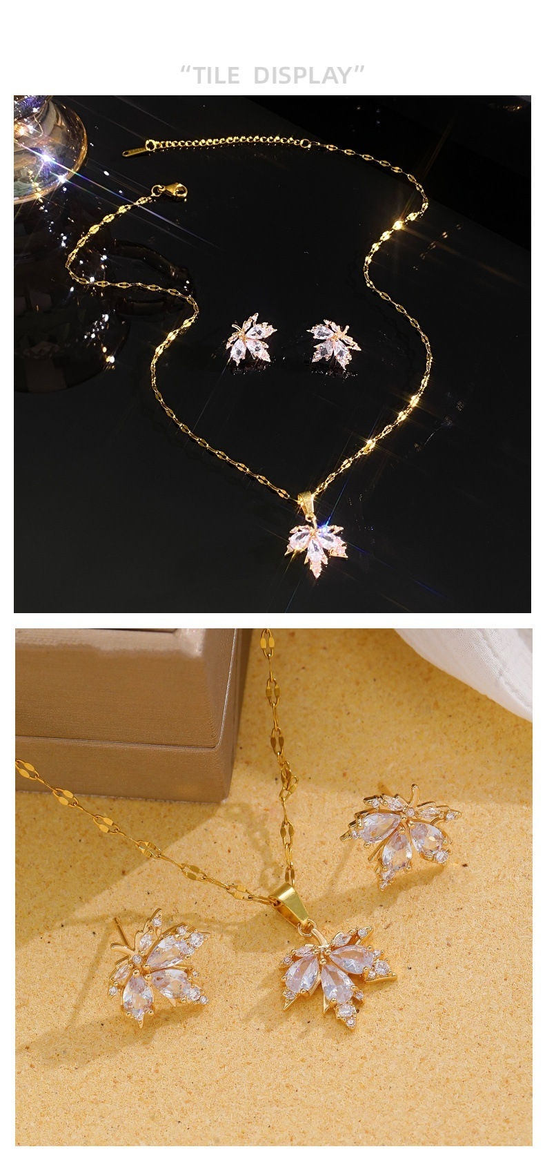 Thumbnail: Light Luxury Micro-inlaid Maple Leaf Jewelry Set Fashion Necklace & Earrings Ban
