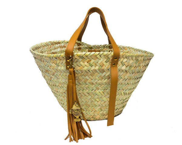 Thumbnail: Penrose Wide weave straw basket w. amber leather handles & tassel and brass fish