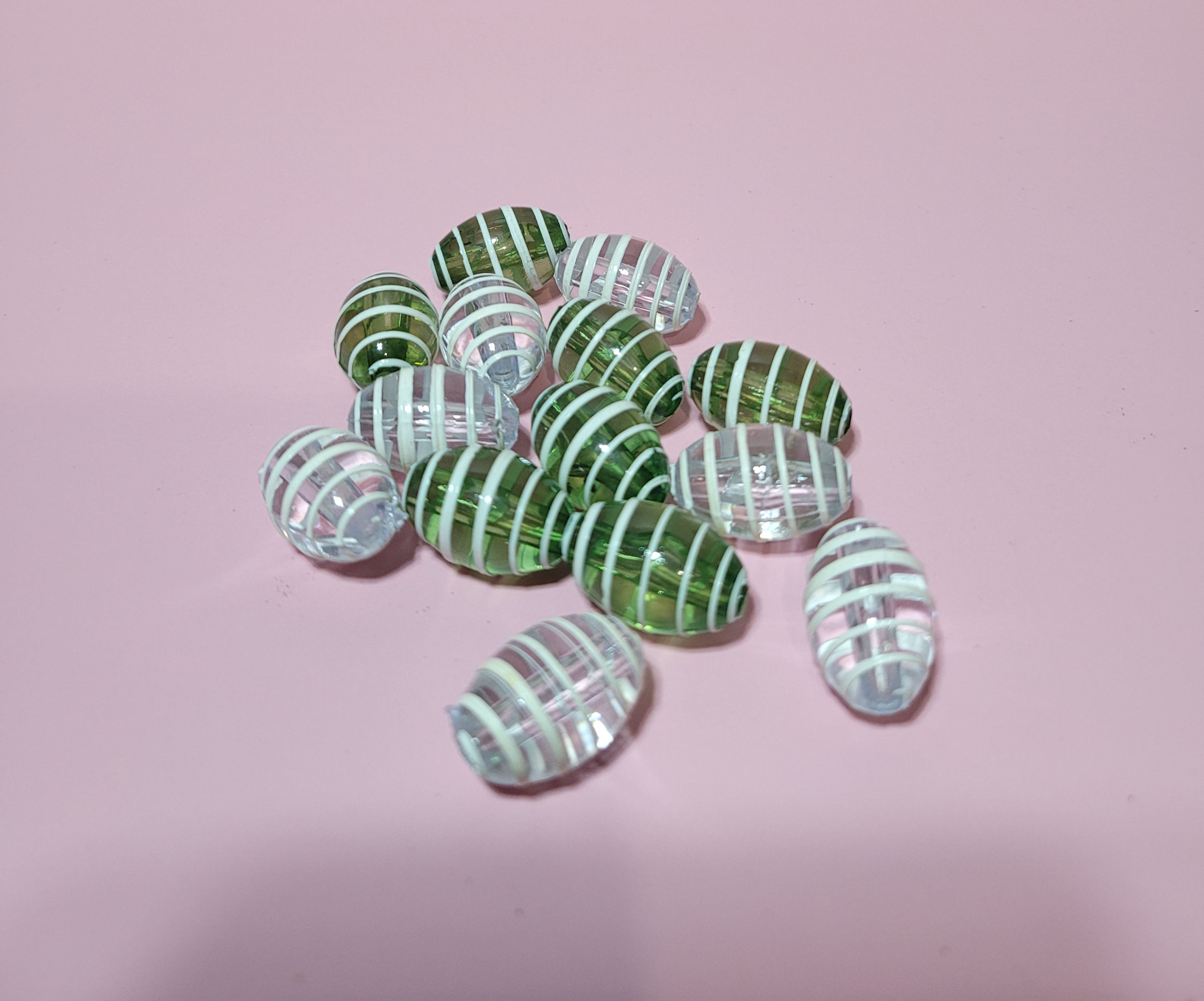Striped Plastic Barrel Beads Lot Green Clear