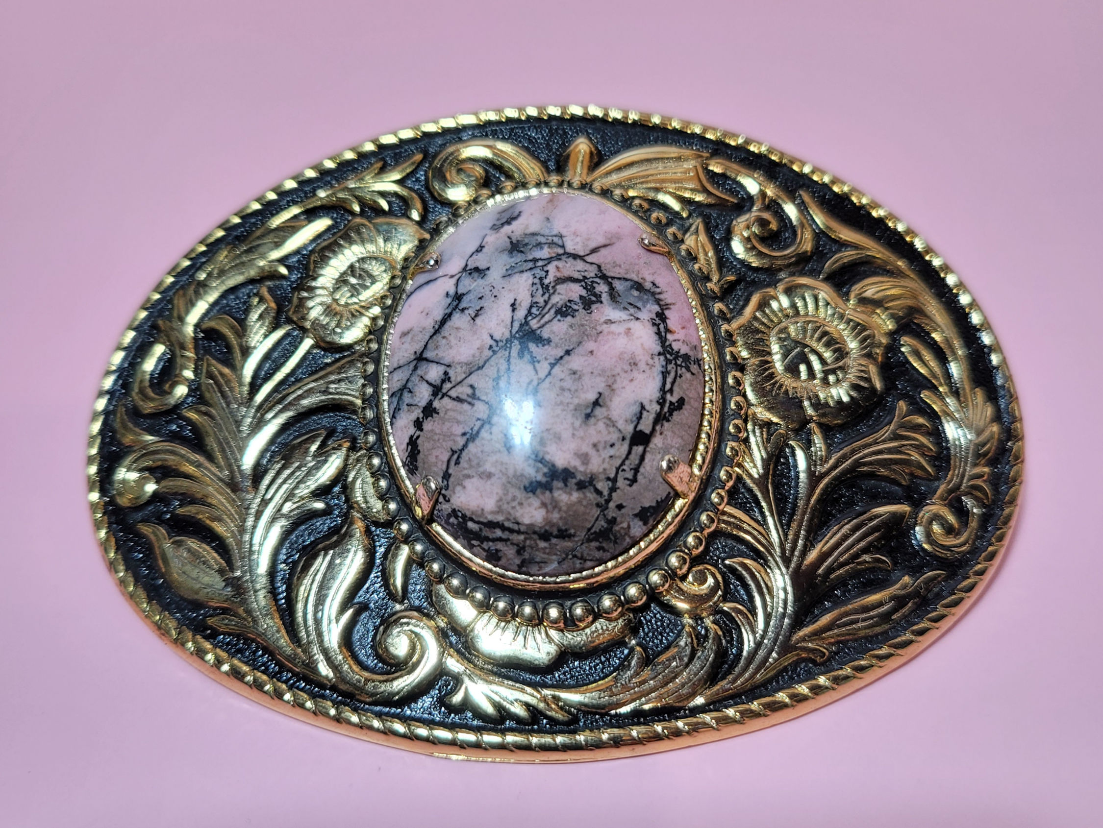 Western Belt Buckle with Pink Stone – Rhodonite Style Oval Buckle