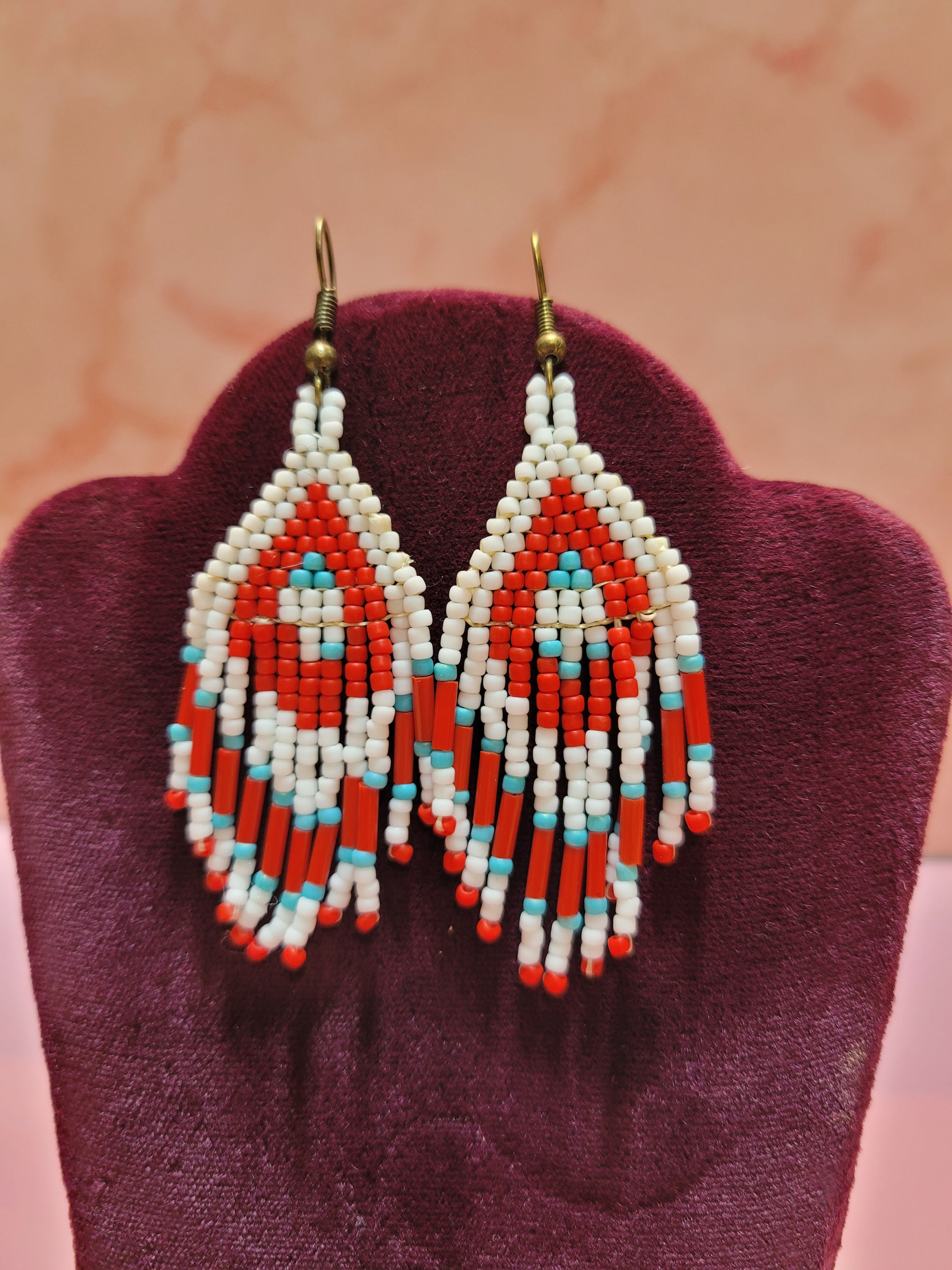 Red and White Seed Bead Fringe Earrings – Handmade Southwestern Boho Earrings