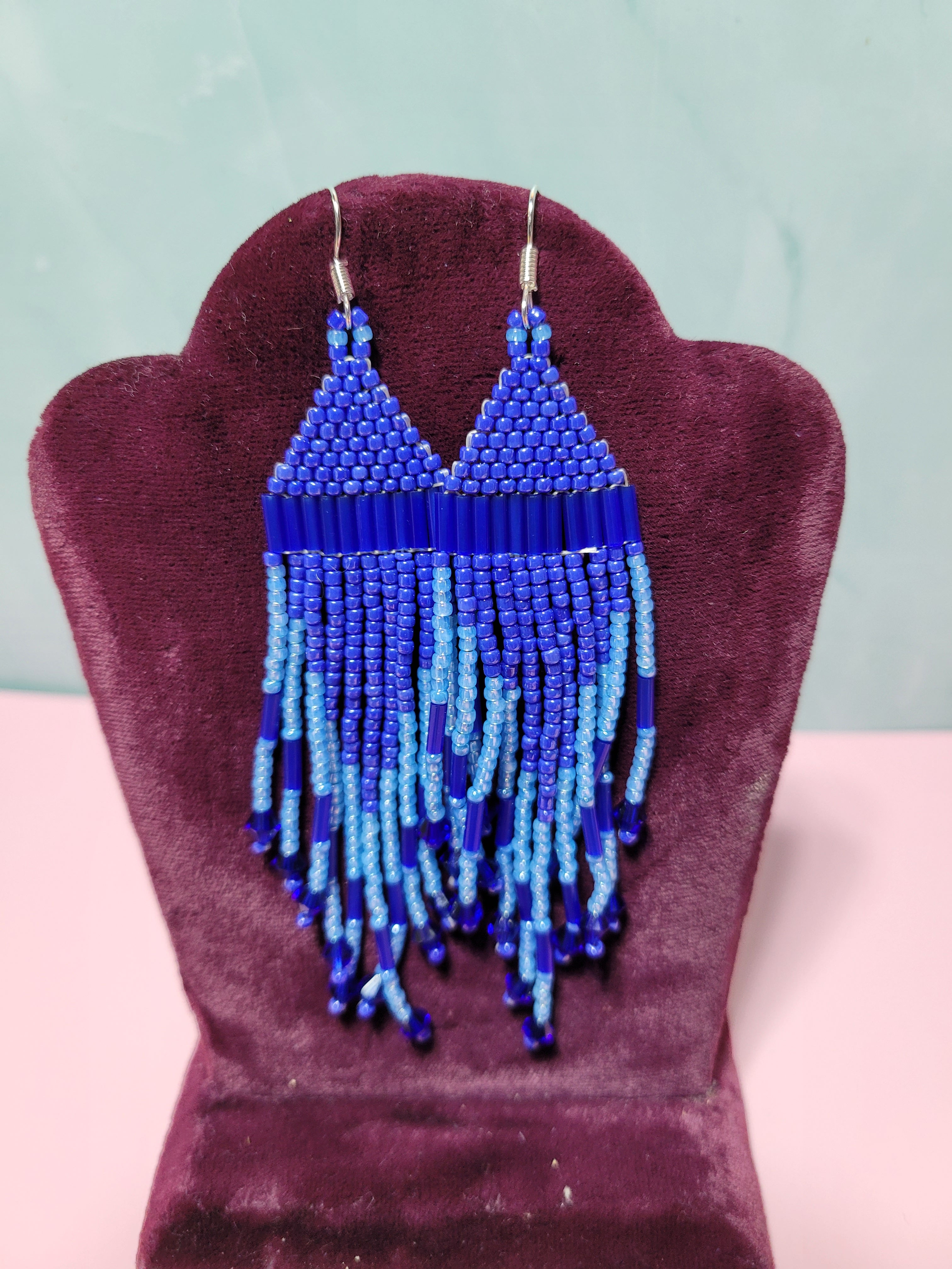Beaded Earrings- Blues with crystals 4"