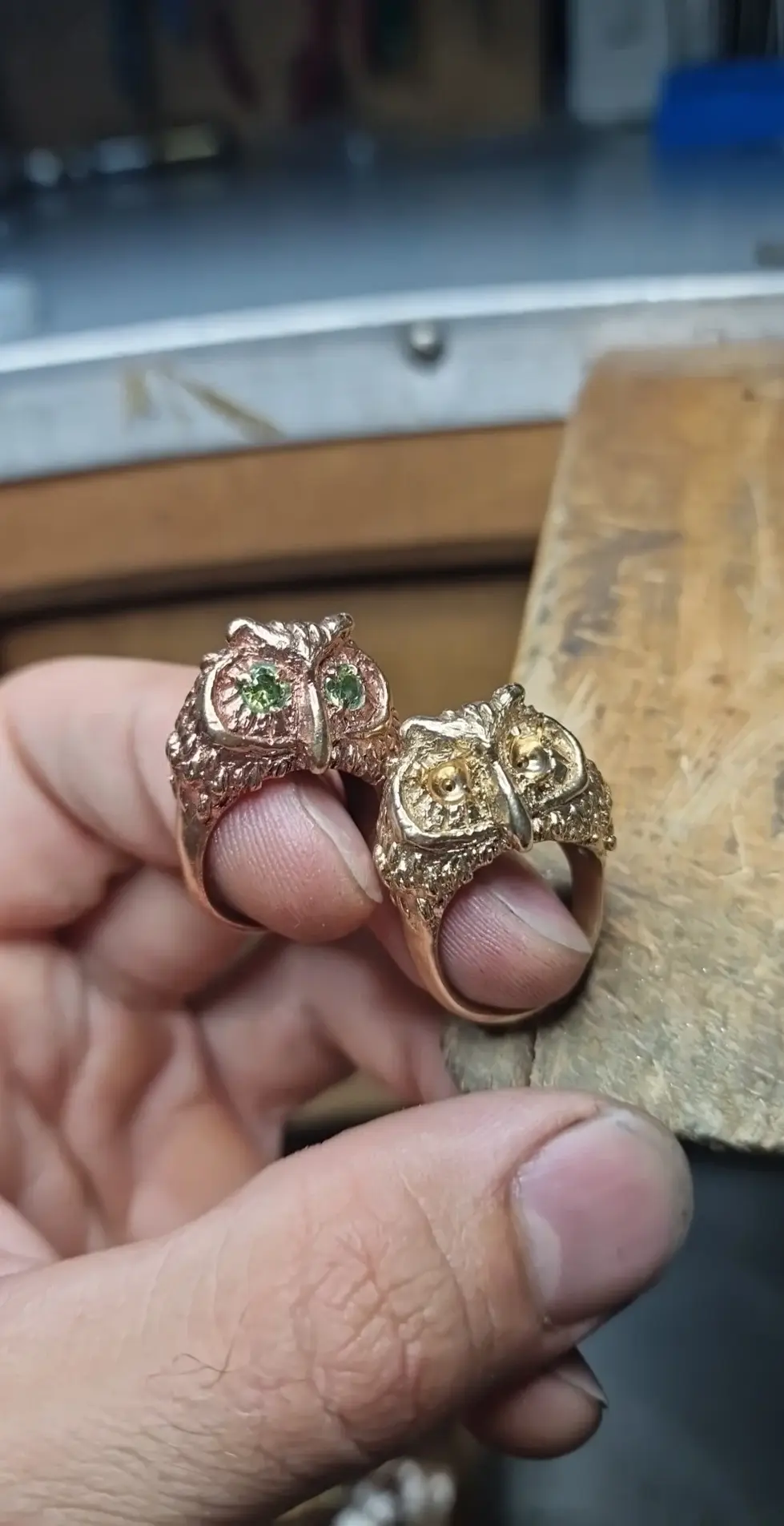 a person is holding two rings in the shape of owls