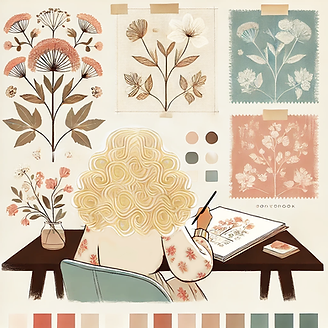 Infographic of a blonde curly haired lady drawing surrounded by peach and turquoise flowers.