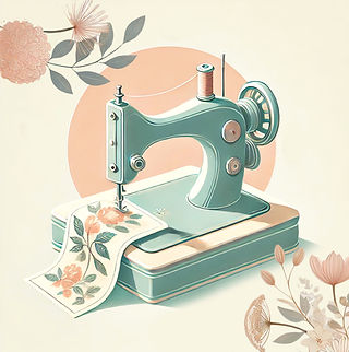 Infographic of a turquoise sewing machine stitching flowered fabric with peach and turquoise flowers.