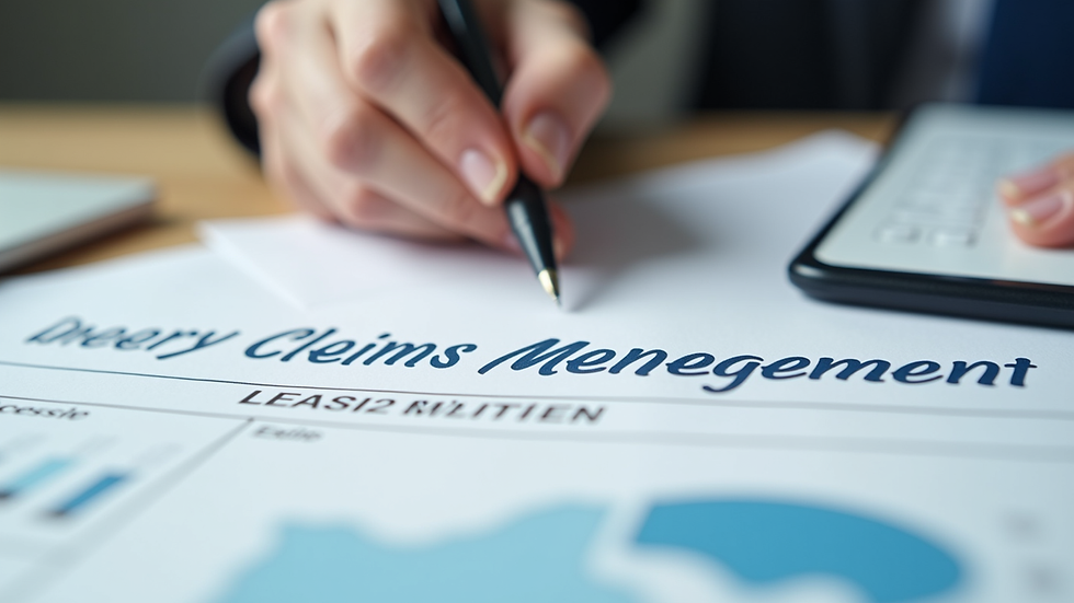 Close-up view of a claims management document with a pen
