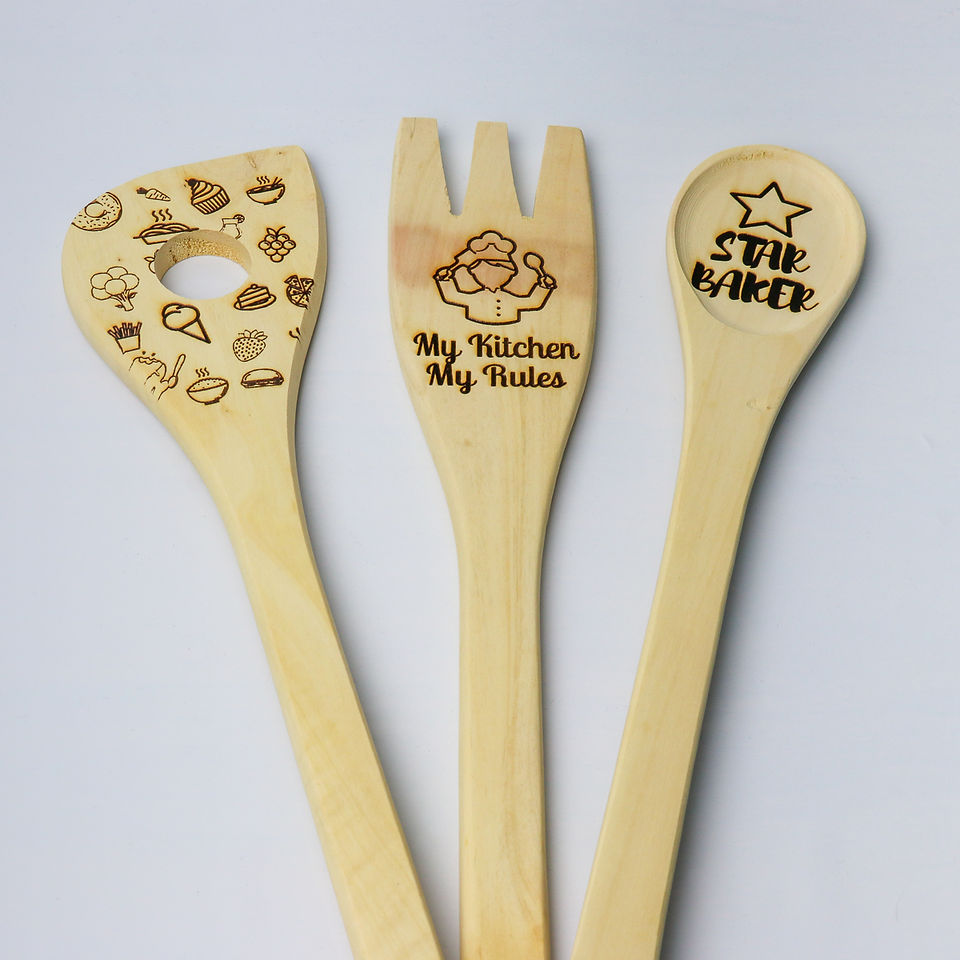 Eco-friendly sustainable zero-waste plastic free wooden engraved utensils