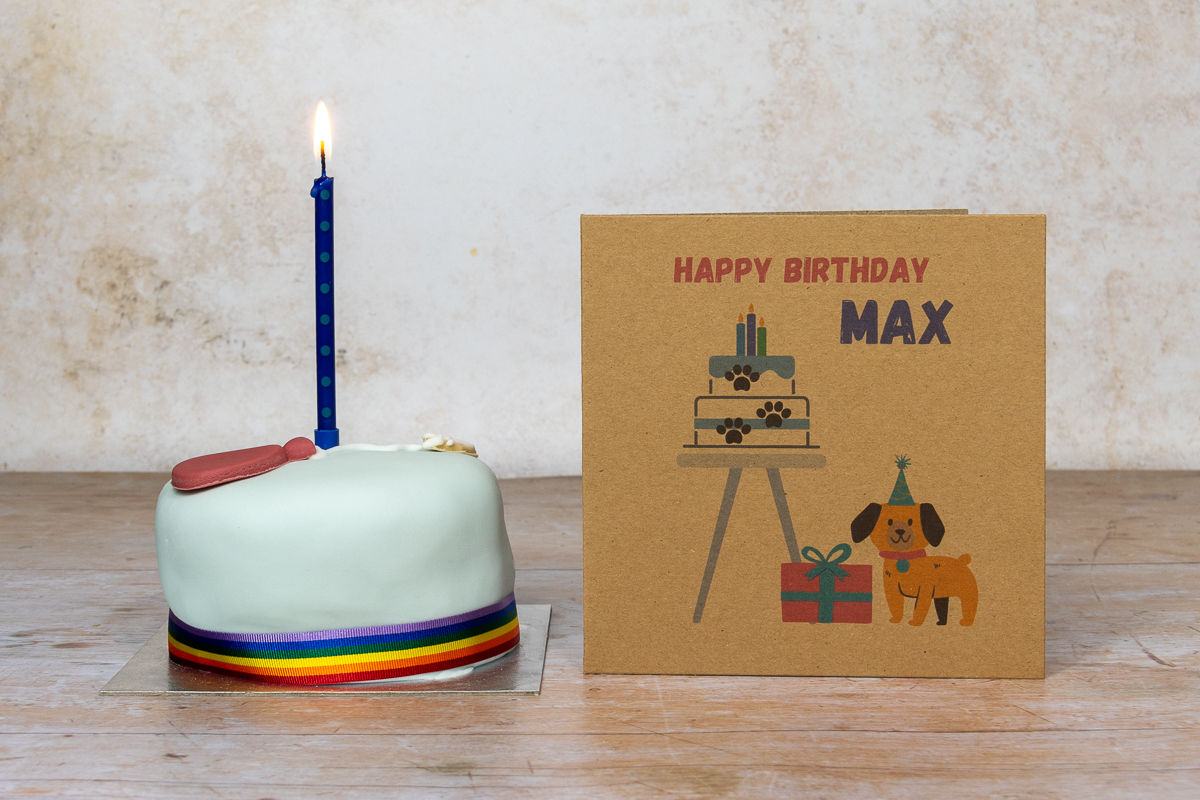 Personalised dog and cake recycled birthday card eco-friendly
