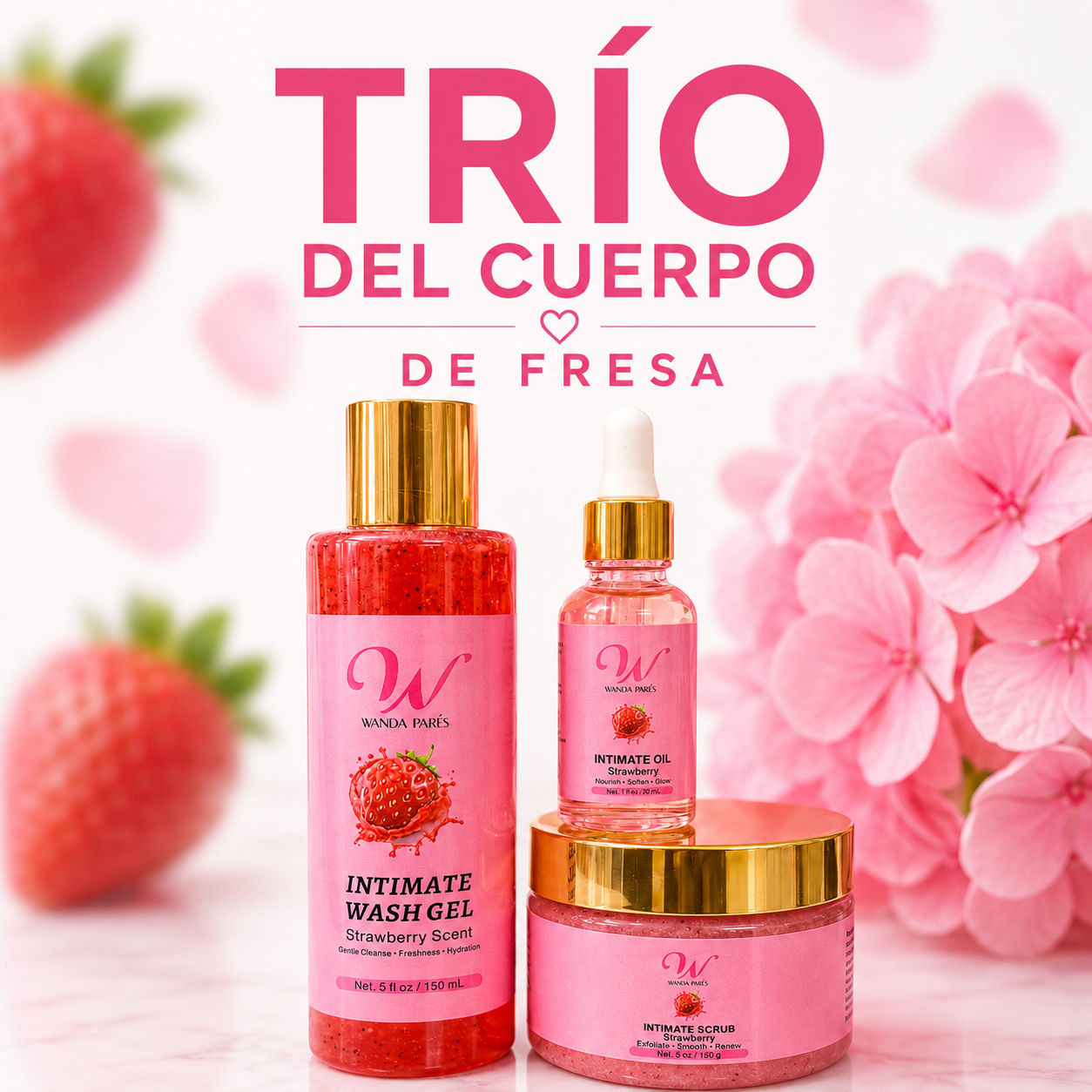 TRÍO DE FRESA🍓CUIDADO DEL CUERPO: Jabón, Exfoliante, Aceite