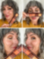 A split screen with four photos of a woman wearing orange and bronze eyeshadows and holding an eyeshadow palette